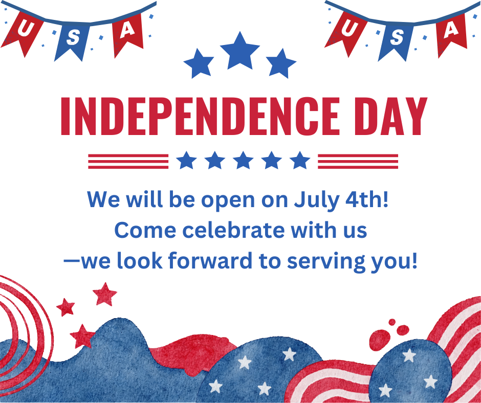 An Independence Day announcement poster decorated with American flag themes, including USA bunting banners, blue and red stars, and watercolor waves of red, white, and blue. The text reads: 