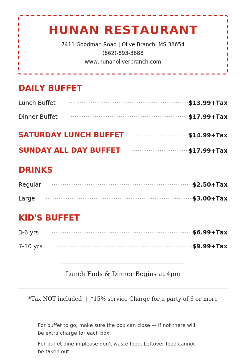 Hunan Restaurant Buffet Menu with Daily Buffet, Drinks, and Kids Buffet Prices
