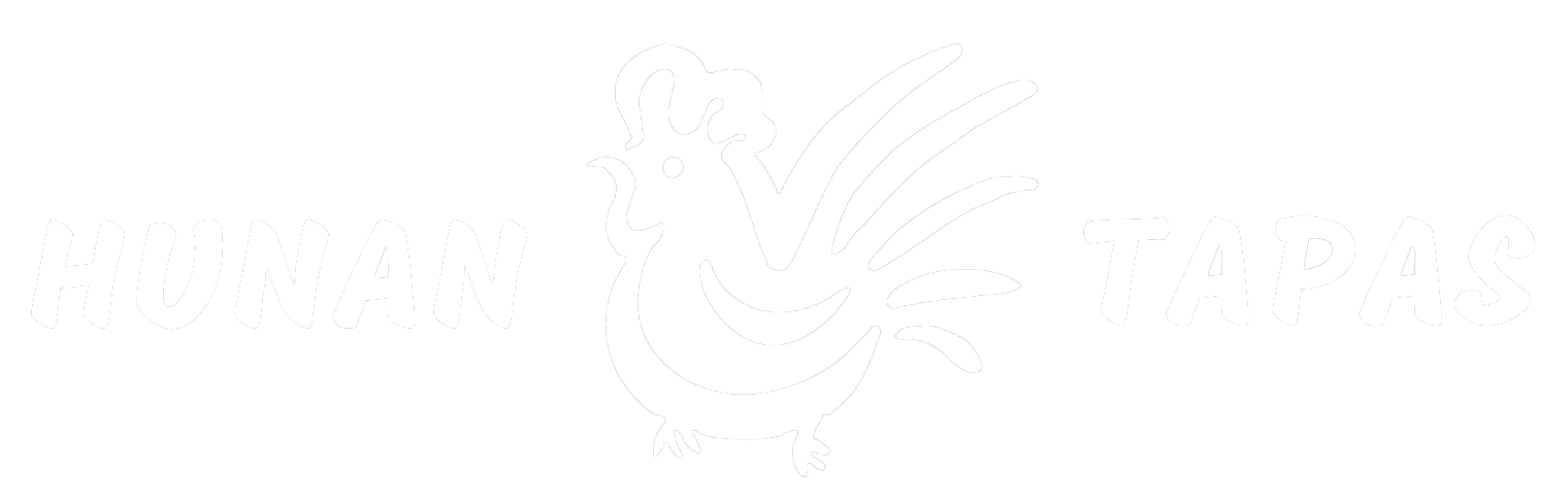 Logo of a Hunan tapas store, in a simple graphic style with white as the main color. There's a simple white rooster in the middle, and the words "HUNAN" and "TAPAS" on the left and right respectively