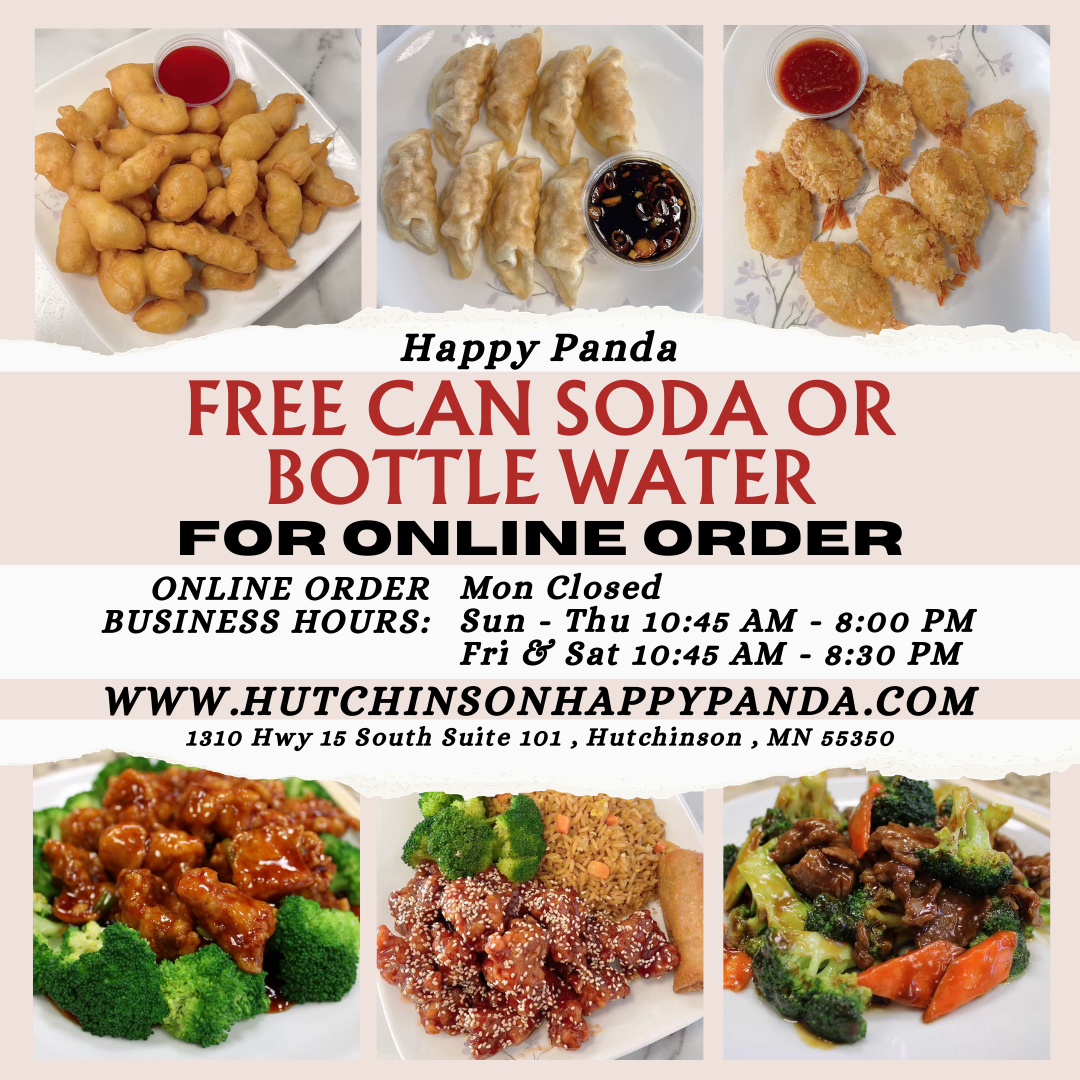 Happy Panda: Free can soda or bottled water with online orders. Hours available.