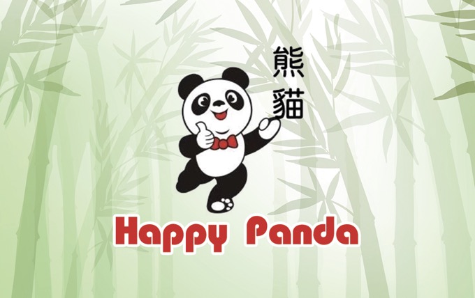 Cheerful cartoon panda logo with bamboo background at Happy Panda, a Chinese Restaurant in Hutchinson