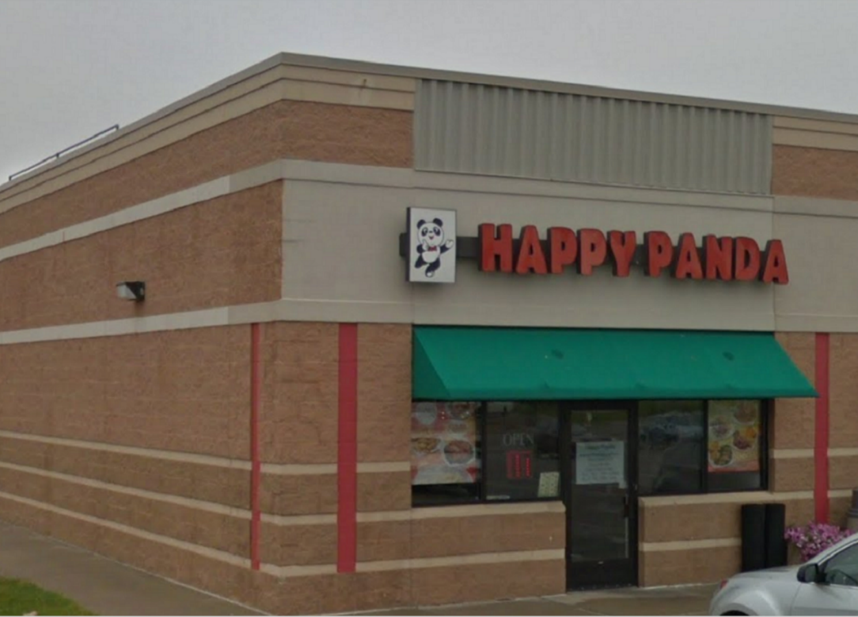 Storefront of Happy Panda Chinese Restaurant in Hutchinson with red sign