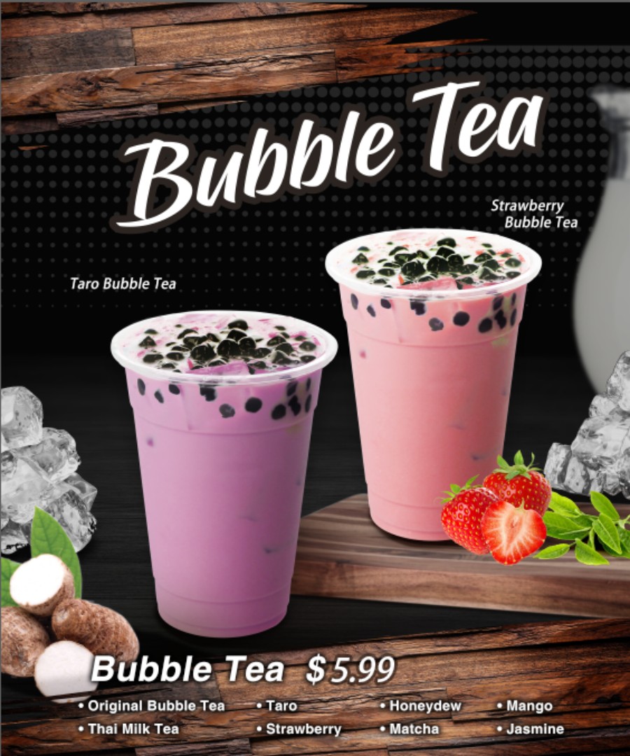 Taro and strawberry bubble tea with tapioca pearls at Happy Panda, a Chinese Restaurant in Hutchinson
