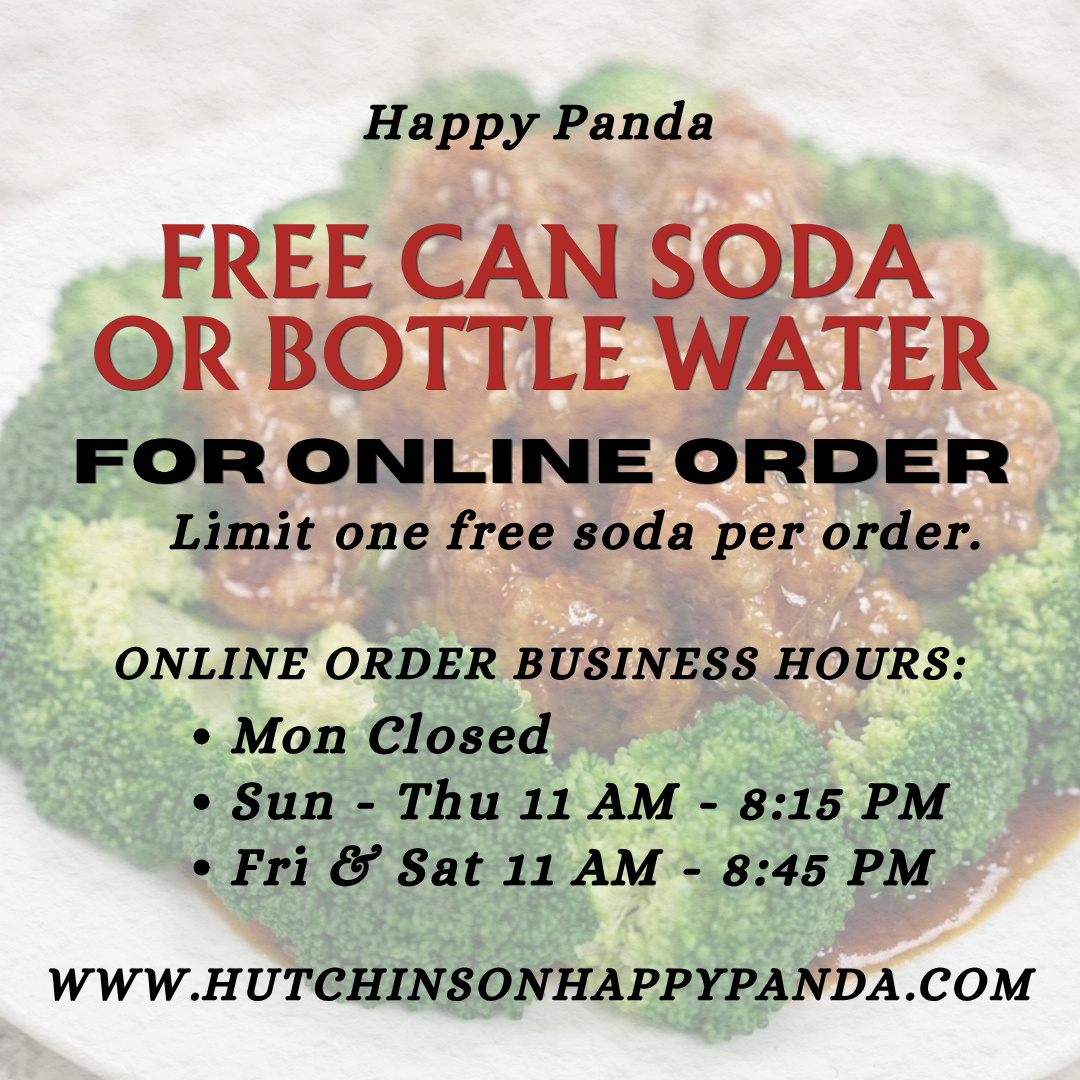 Happy Panda restaurant promotional flyer offering a free can of soda or bottled water with online orders. It lists business hours: Closed on Monday, Sun-Thu 11 AM - 8:15 PM, and Fri-Sat 11 AM - 8:45 PM. Website: www.hutchinsonhappypanda.com.