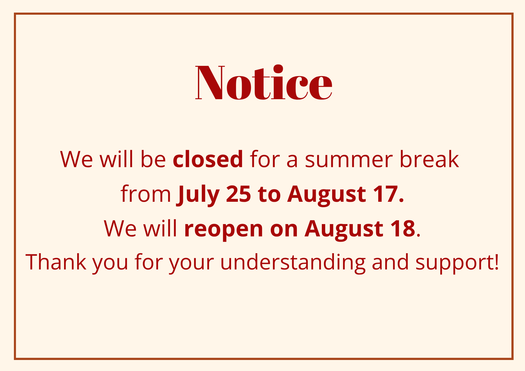  Notice of Special Operating Hours