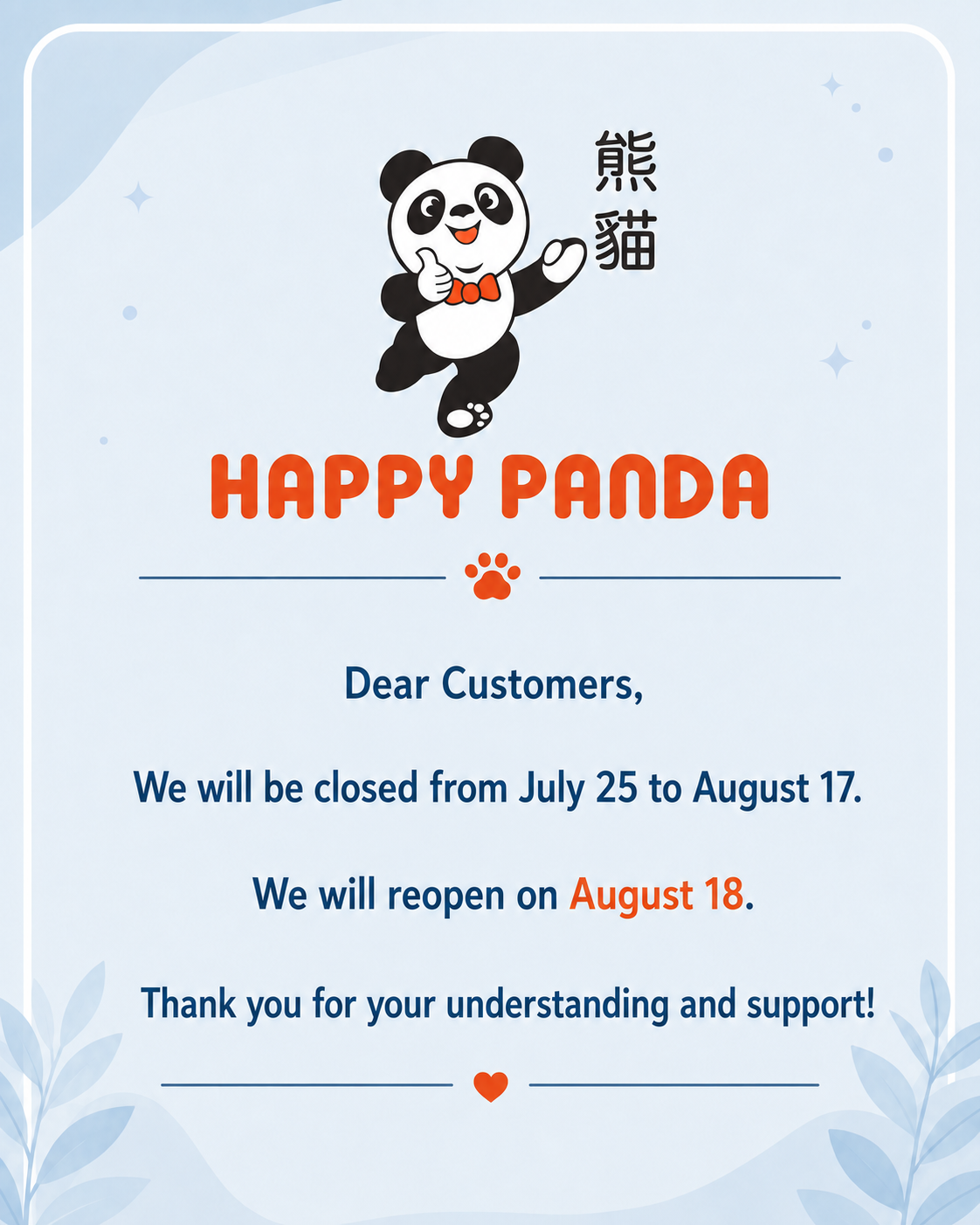 Happy Panda restaurant closure notice: closed July 25 to August 17, reopening August 18. Features cartoon panda mascot with red bow tie.