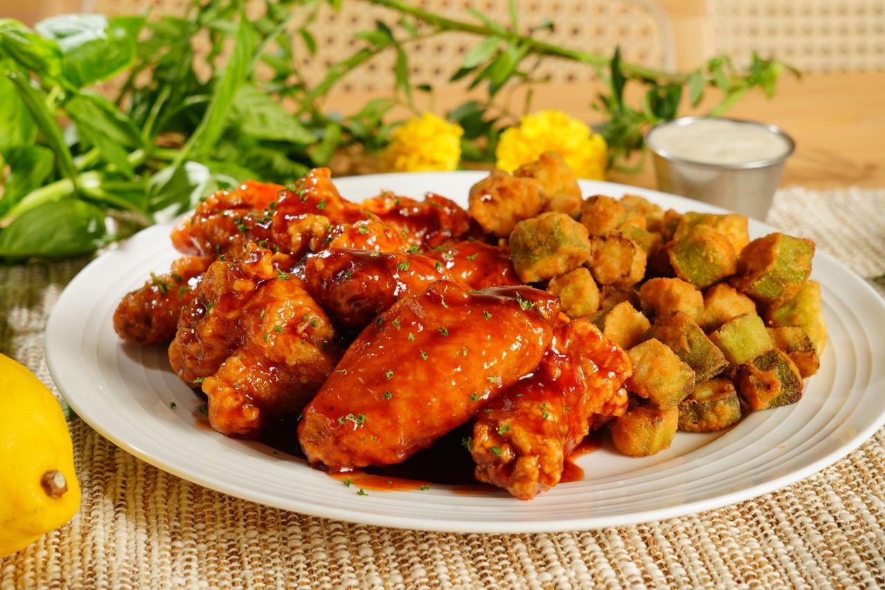 Barbecue Chicken Wings with Fried Okra at Hutto Seafood Wings Seafood Restaurant in Irmo, South Carolina