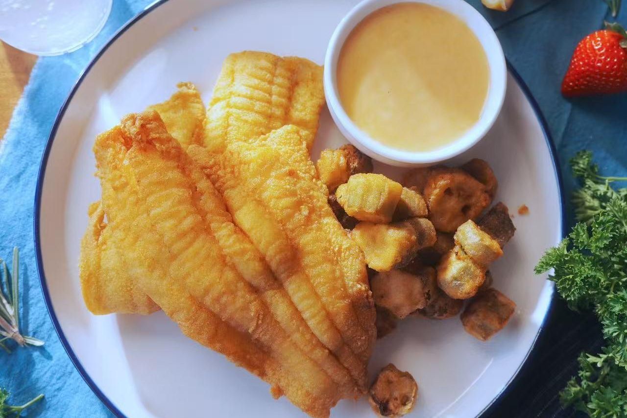 Fried Catfish with Tater Tots and Tartar Sauce at Hutto Seafood Wings Seafood Restaurant in Irmo, South Carolina