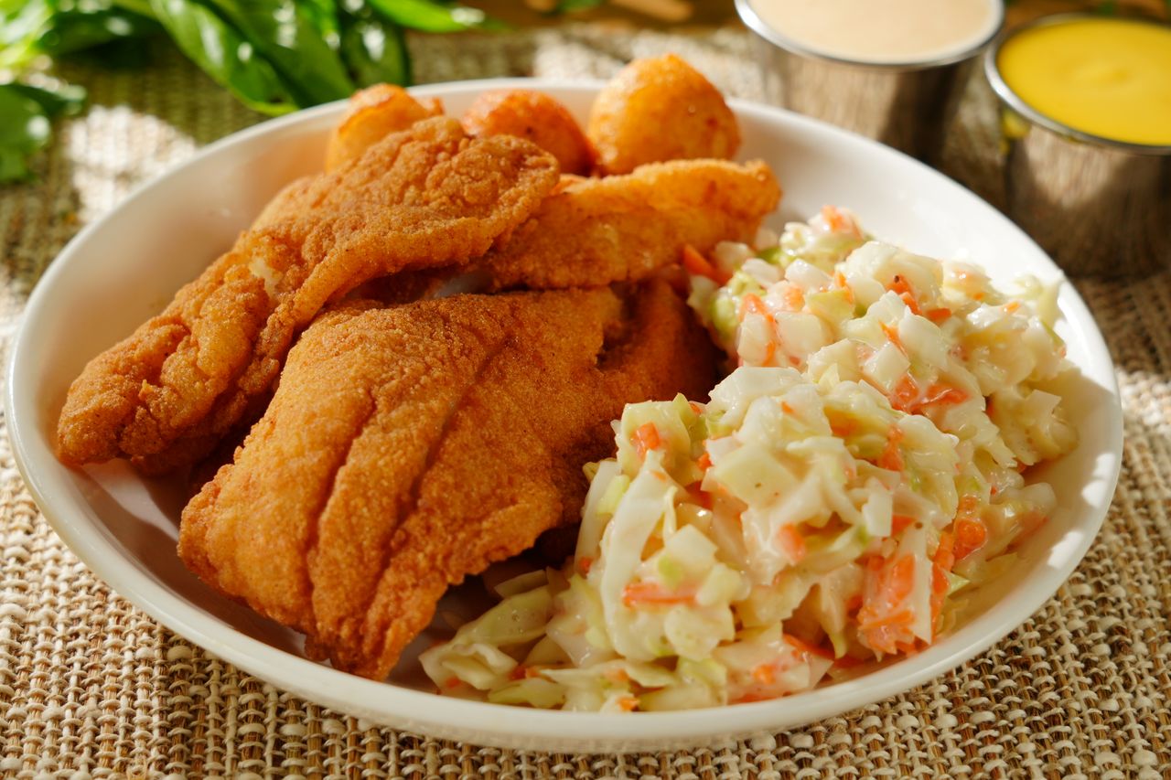 Fried Fish with Coleslaw and Hush Puppies at Hutto Seafood Wings Seafood Restaurant in Irmo, South Carolina