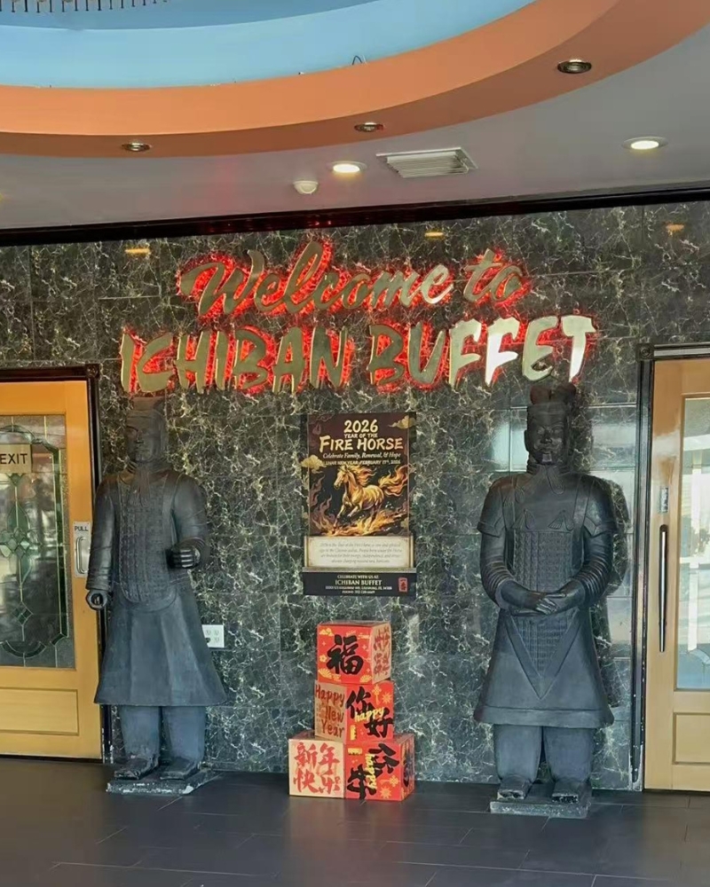 Entrance with "Welcome to ICHIBAN BUFFET" sign and statues at ICHIBAN BUFFET, a Buffet Restaurant in Leesburg.