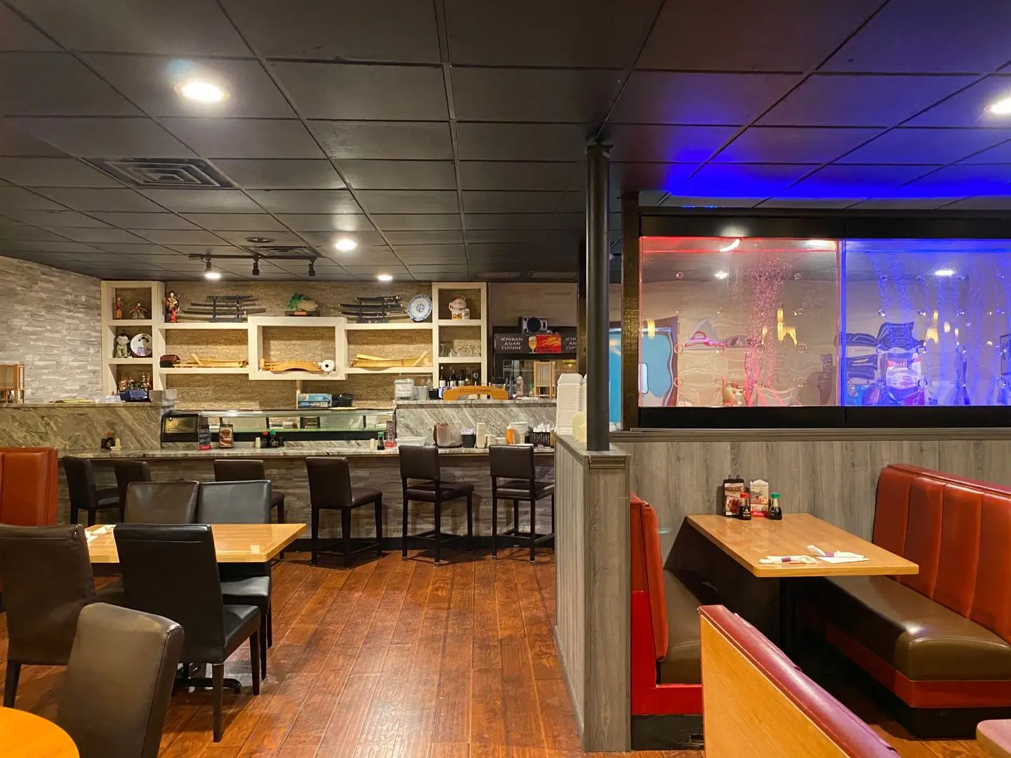 Cozy dining area with sushi bar and booth seating at Ichiban, a Japanese Restaurant in Sheffield