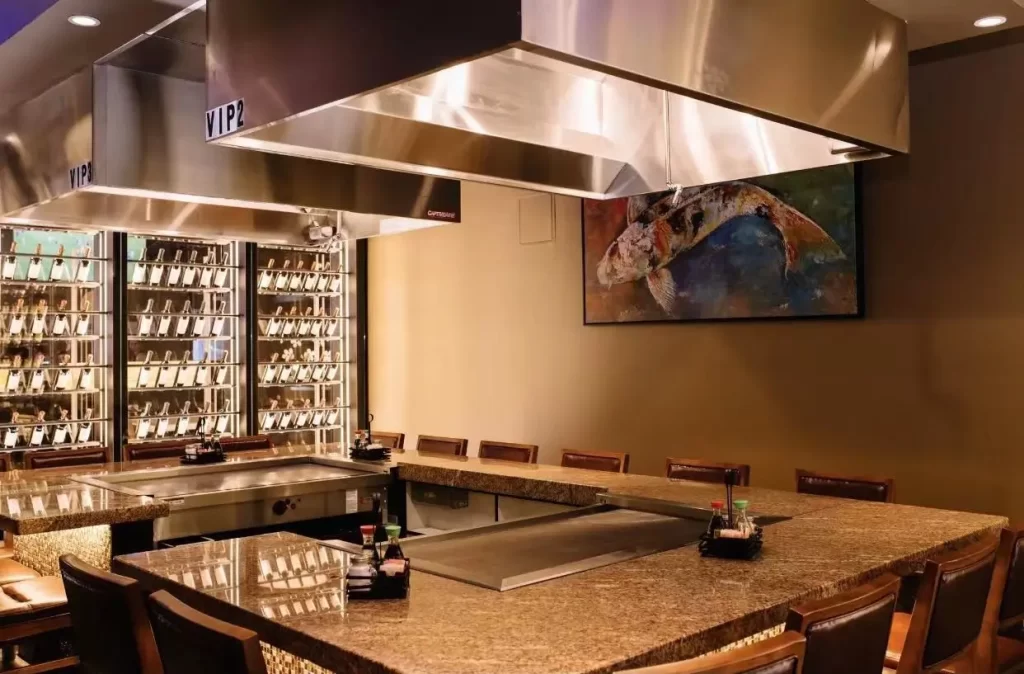 VIP teppanyaki cooking counter with wine storage at Ichiban Japanese Steakhouse & Sushi Bar, a Japanese Restaurant in Waco
