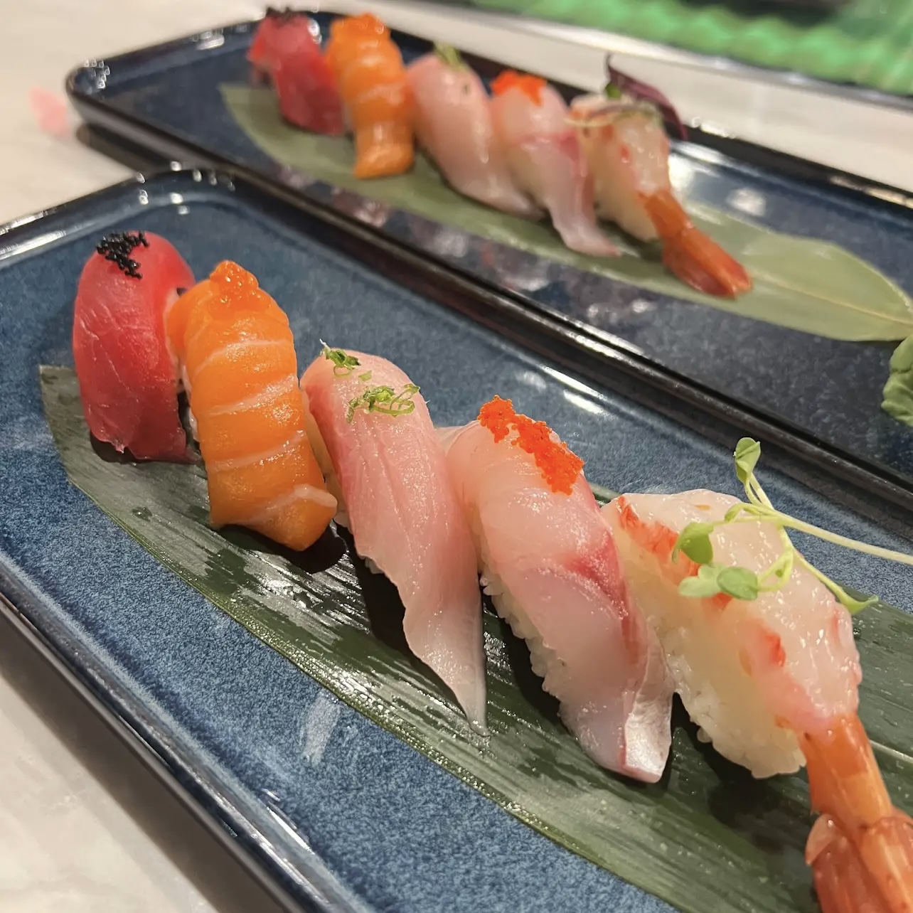 Assorted Nigiri Sushi - A variety of fresh nigiri sushi on green leaves at Ichiddo Ramen Rochester, a Japanese Restaurant in Rochester
