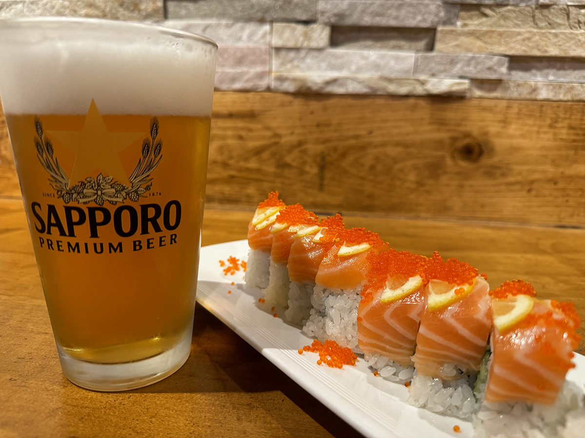 Sushi-Ichimoto-Authentic-Japanese-Restaurant-Sushi-with-Beer-Hayward Sushi served with a glass of Sapporo beer at Sushi Ichimoto,a Authentic Japanese Restaurant in Hayward