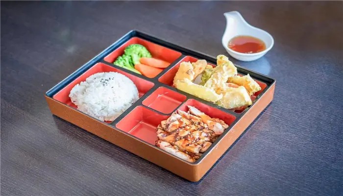 Chicken teriyaki bento box with tempura and steamed rice at Ikoi Sushi，a Sushi Restaurant in San Rafael