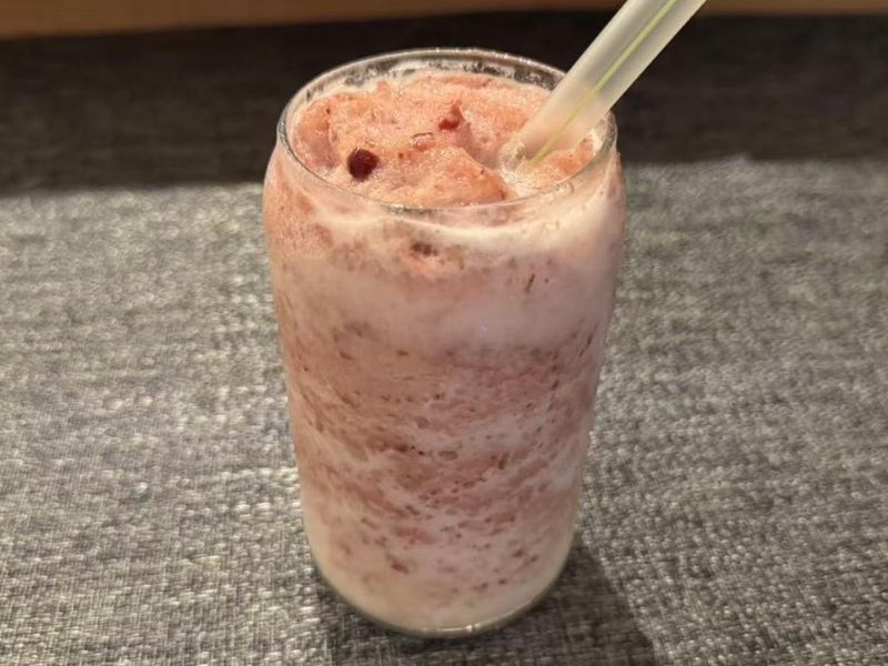 Ikyu-Sushi-II-Japanese-Restaurant-Red-Beans-Smoothie-New-York Creamy red beans smoothie in a glass at Ikyu Sushi II, a Japanese Restaurant in New York.