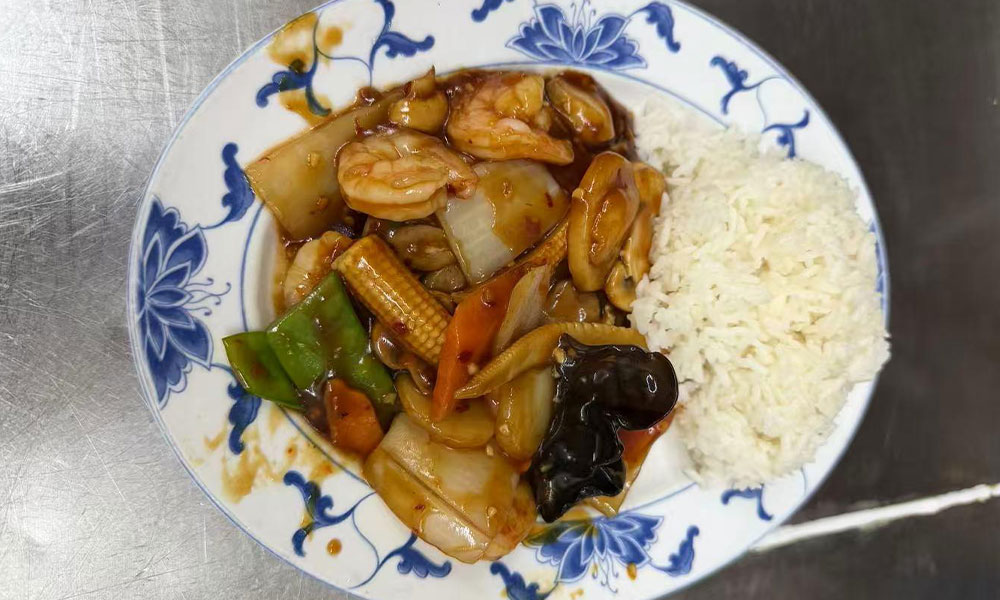 Shrimp and vegetable stir-fry served with steamed white rice at Imperial Garden, a Chinese Restaurant in Philadelphia