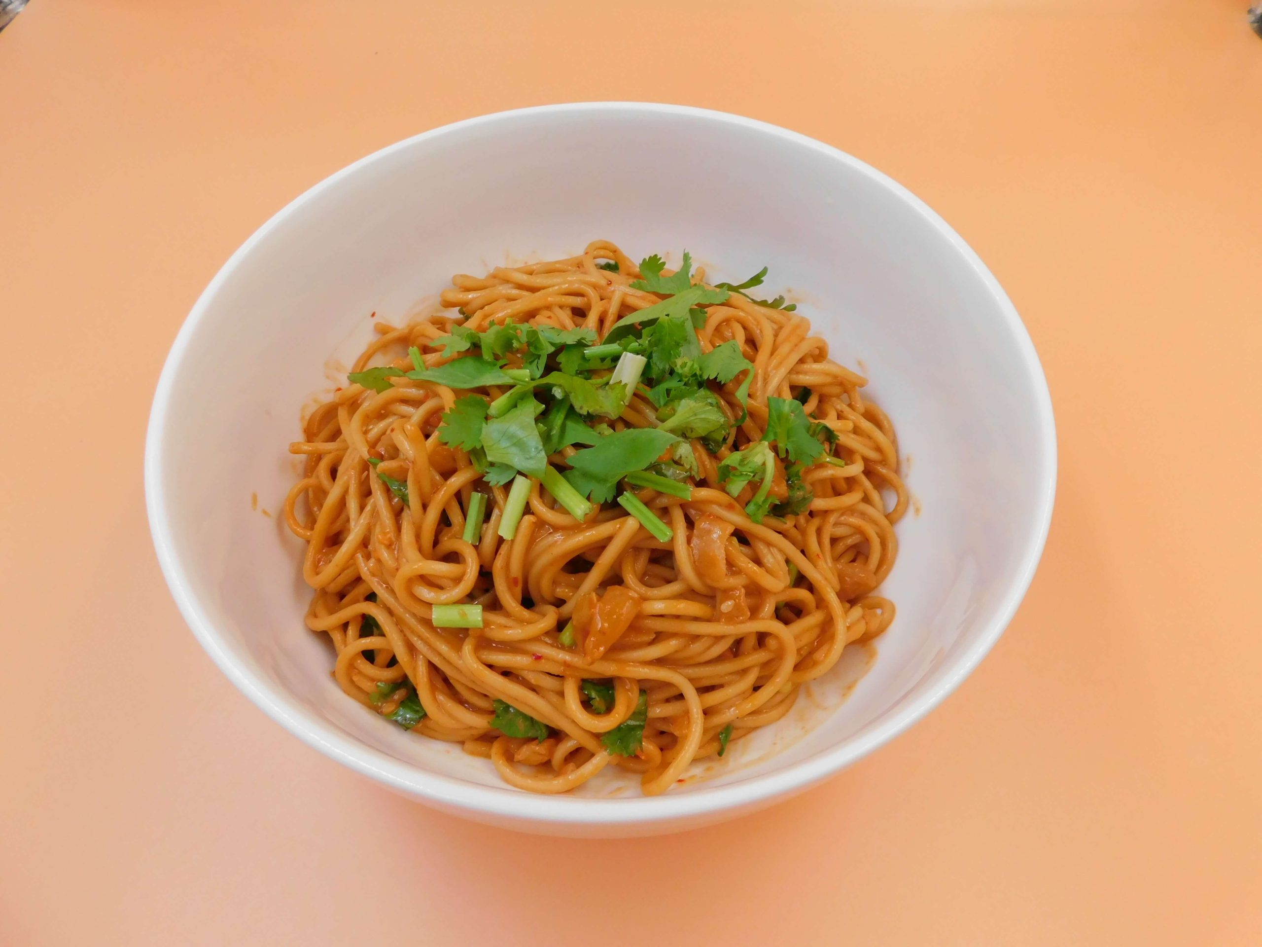 Spicy cold noodles with cilantro and green onions at Okinii Japanese Restaurant & Impressive Noodle, a Asian Fusion Restaurant in Massapequa