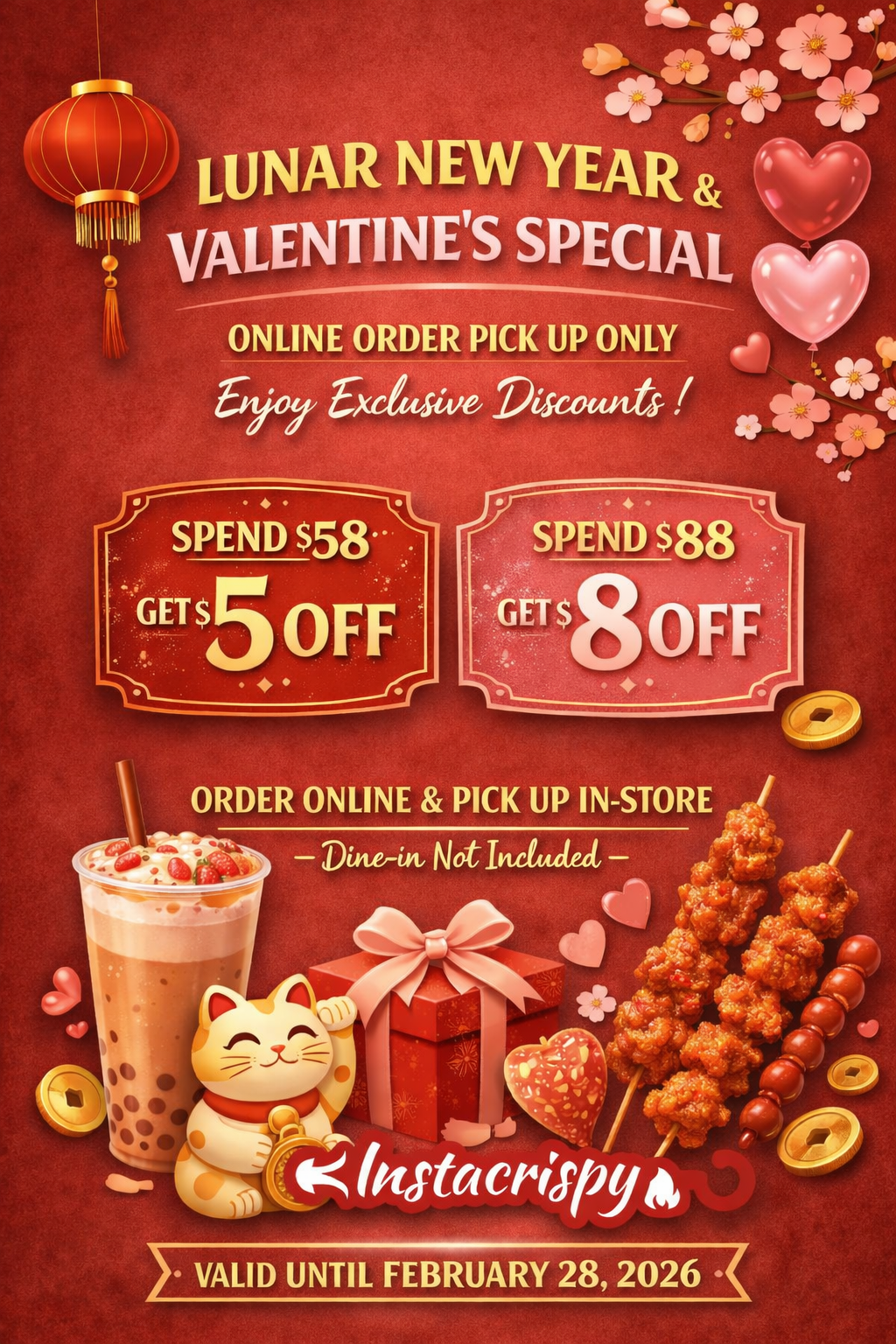 Lunar New Year and Valentine’s poster with online pickup deals: spend $58 get $5 off, spend $88 get $8 off