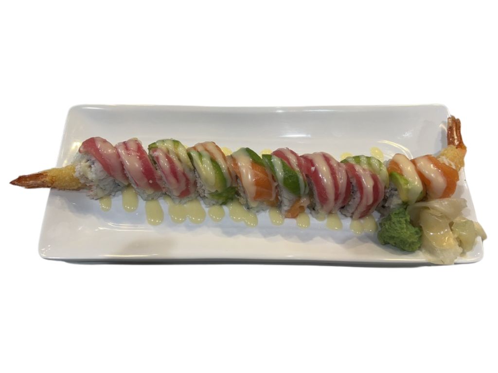 Sushi roll topped with assorted sashimi like tuna and salmon at Ippin Ramen & Sushi Bar, a Japanese Restaurant in Mankato