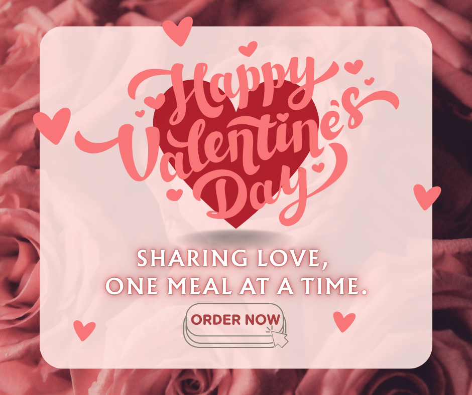 Valentine’s greeting urging you to share love through shared meals, no discount shown