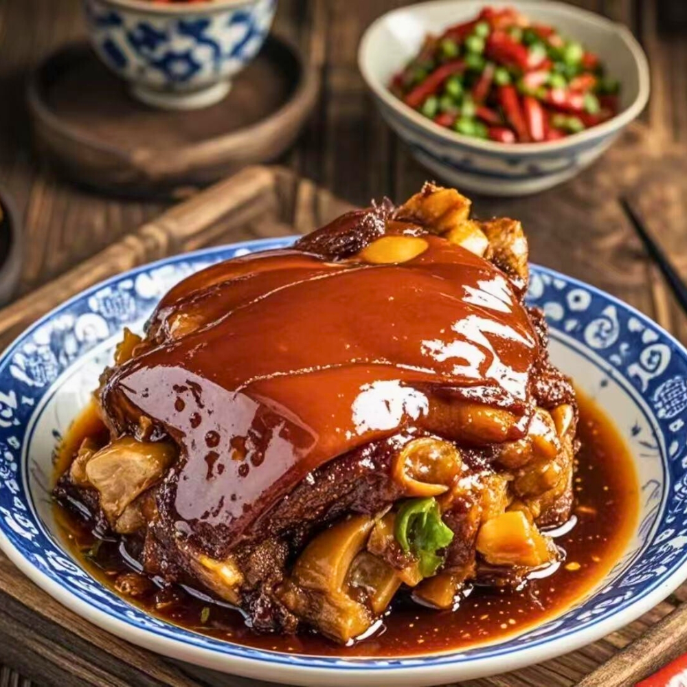 Braised pork elbow coated in glossy, rich brown sauce at Iron Pot Stew Kitchen, a Chinese Restaurant in Santa Clara