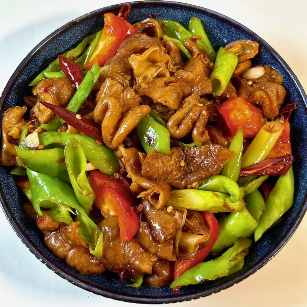 Spicy stir-fried pork intestines with green peppers and chili at Iron Pot Stew Kitchen, a Chinese Restaurant in Santa Clara