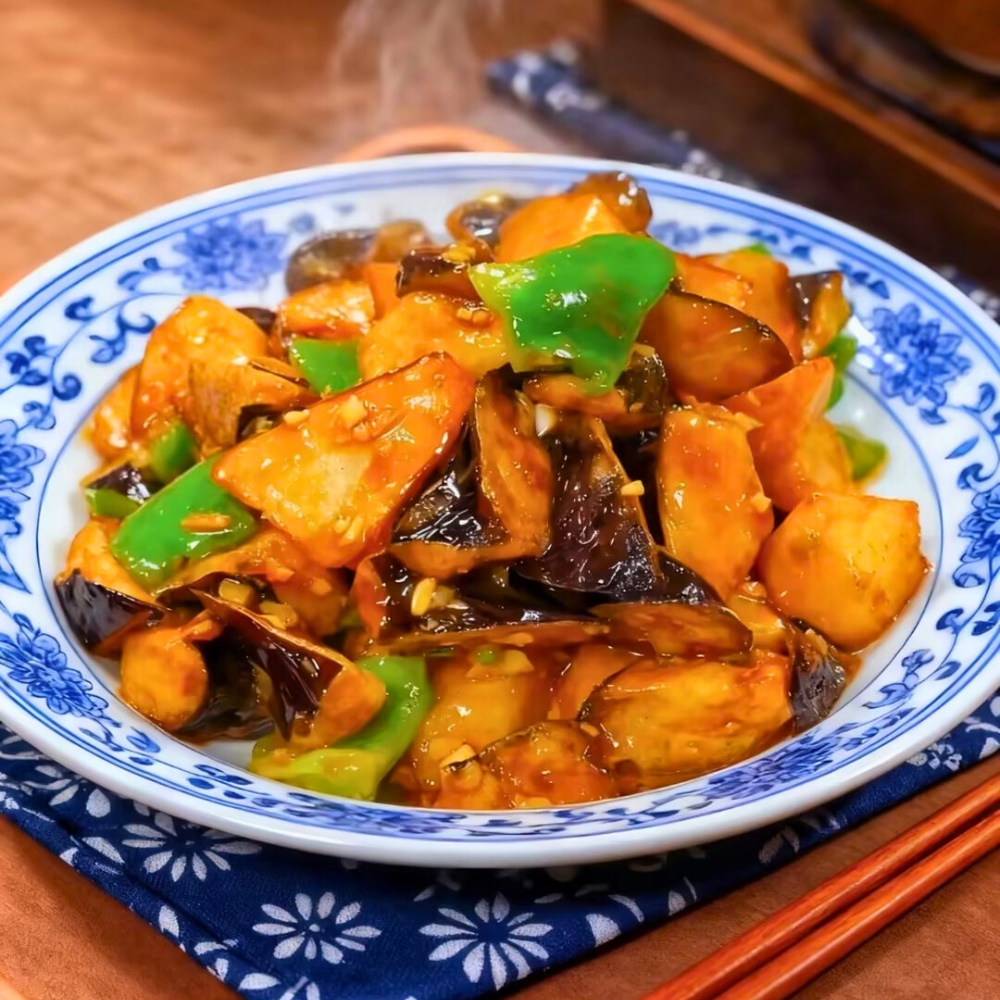 Stir-fried eggplant, potato & green pepper in savory sauce at Iron Pot Stew Kitchen, a Chinese Restaurant in Santa Clara