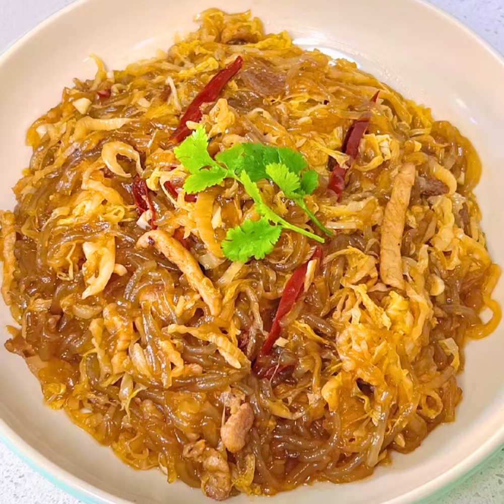 Stir-fried glass noodles with pickled cabbage and pork strips at Iron Pot Stew Kitchen, a Chinese Restaurant in Santa Clara