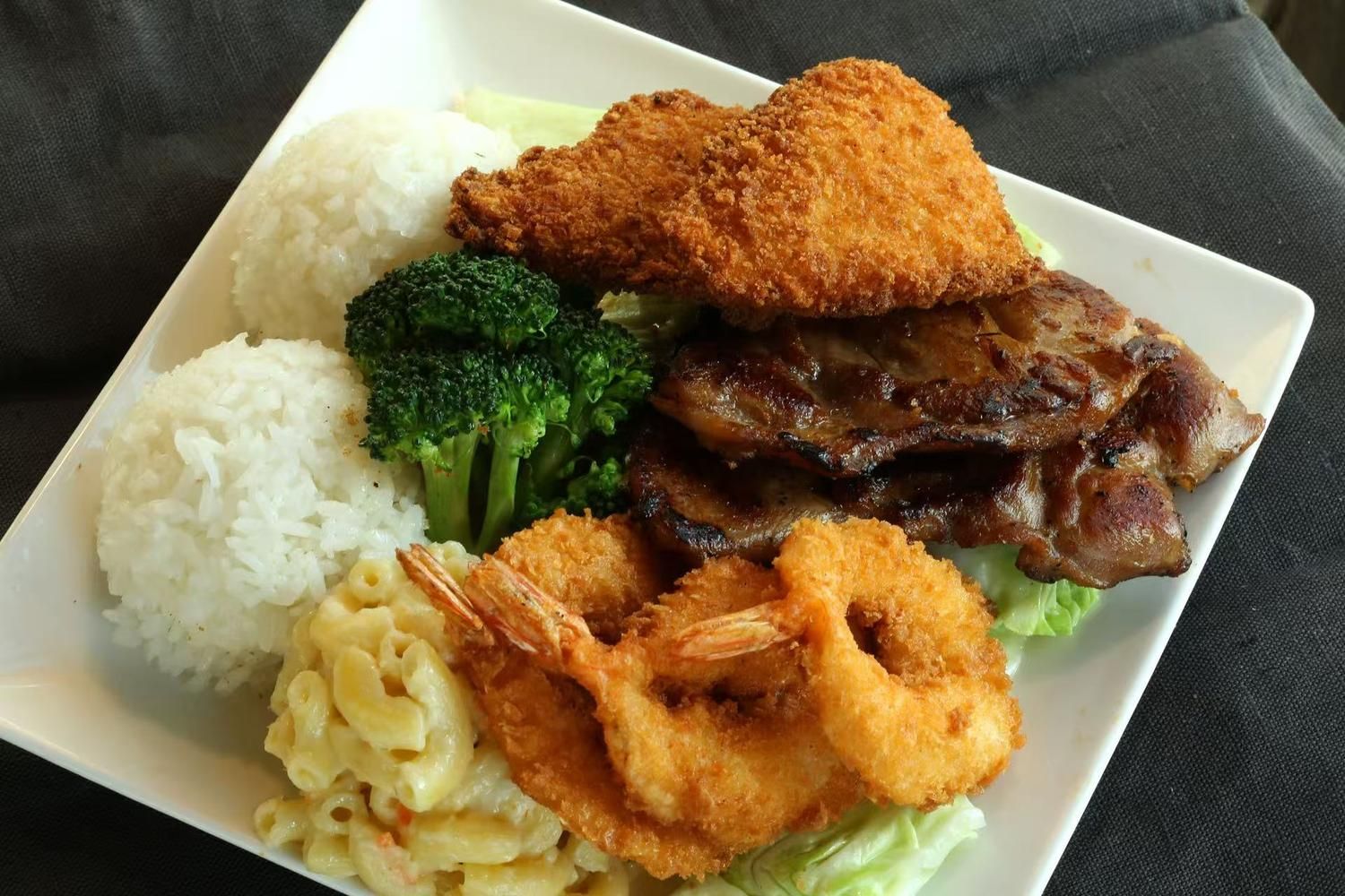 Grilled pork, katsu, and fried shrimp combo at Islands Hawaiian BBQ Restaurant in Gilbert
