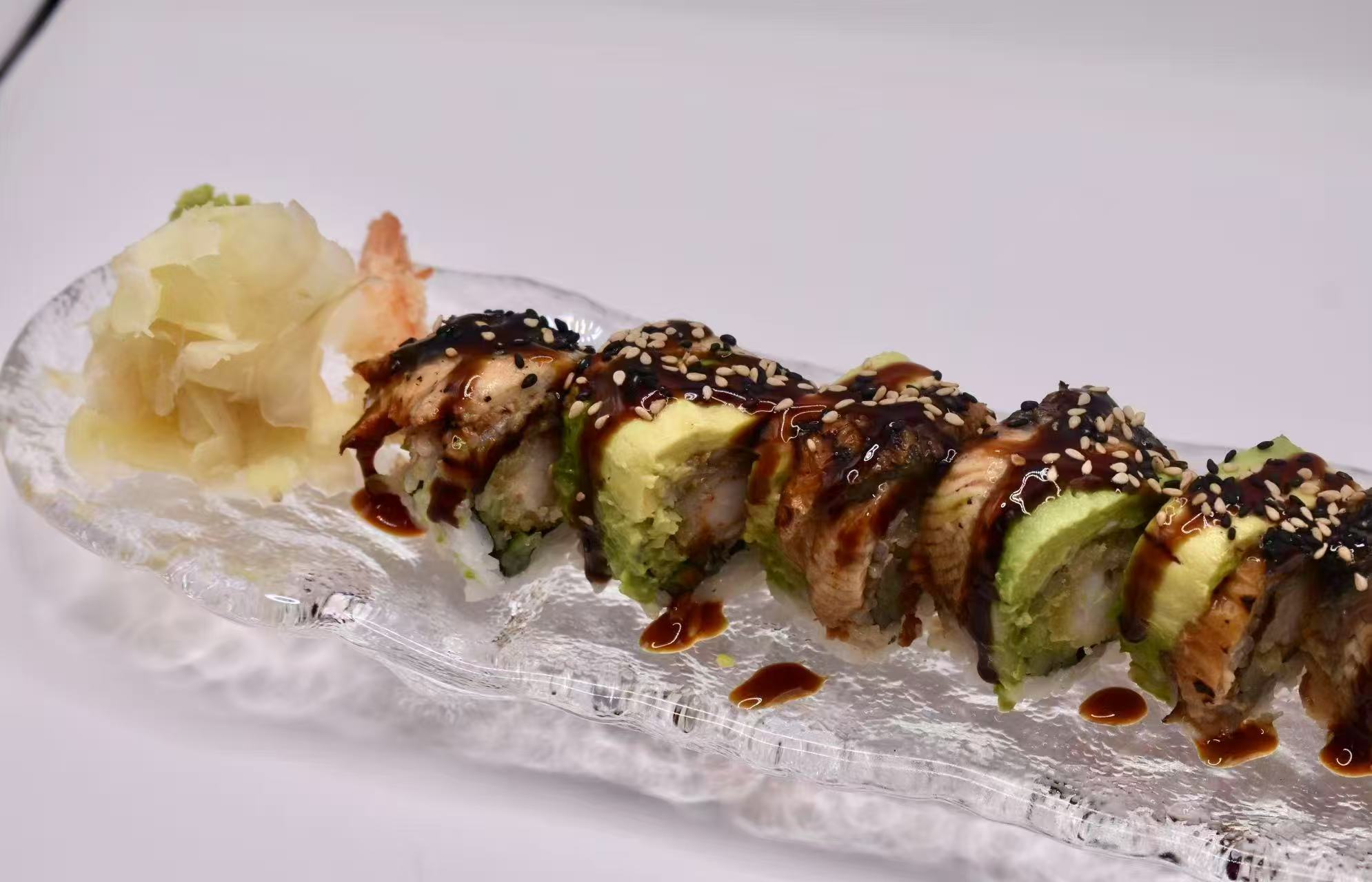 Dragon king roll with eel and avocado at Isohama,a Japanese Restaurant in New York.