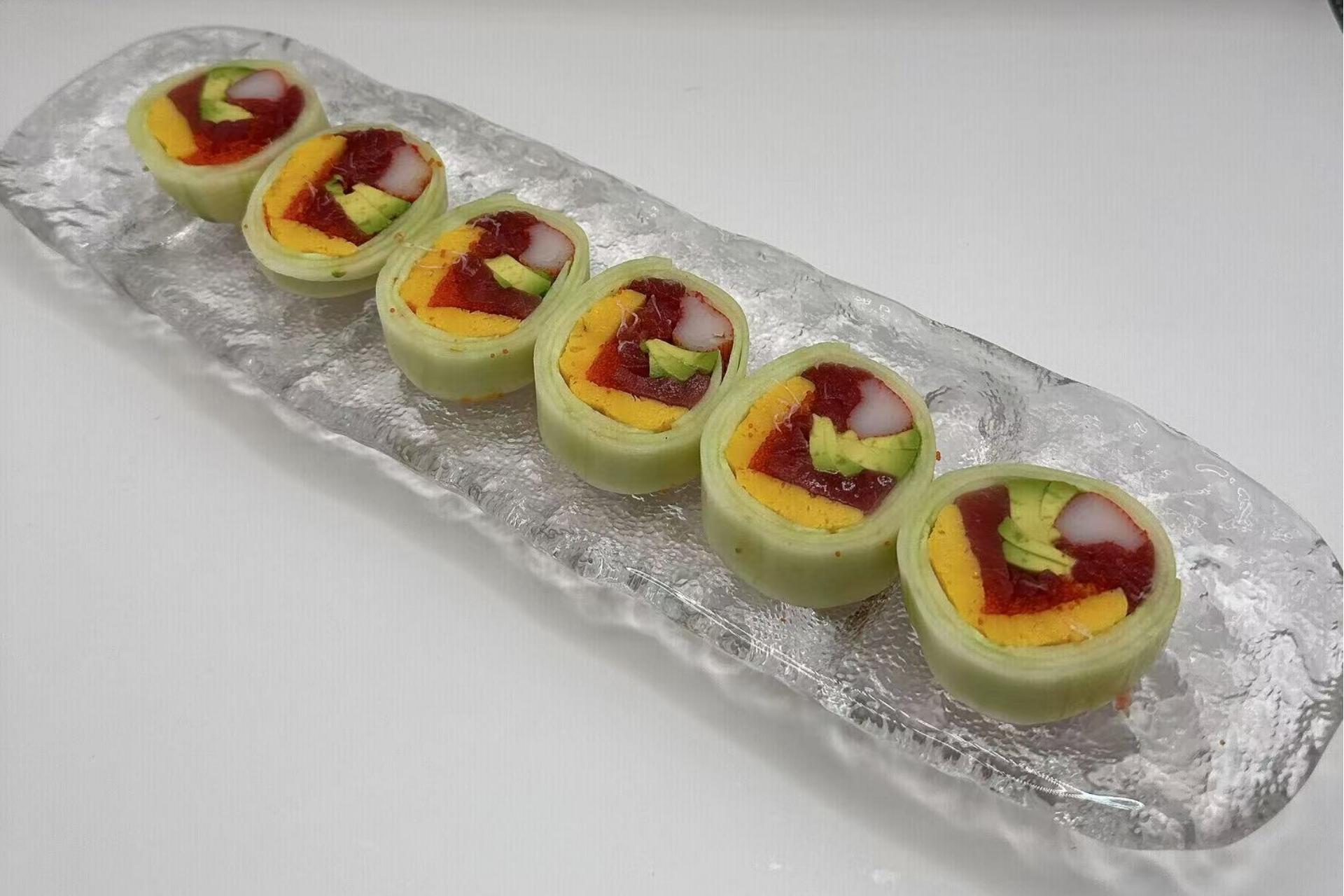 Sushi roll with colorful fillings at Isohama,a Japanese Restaurant in New York.