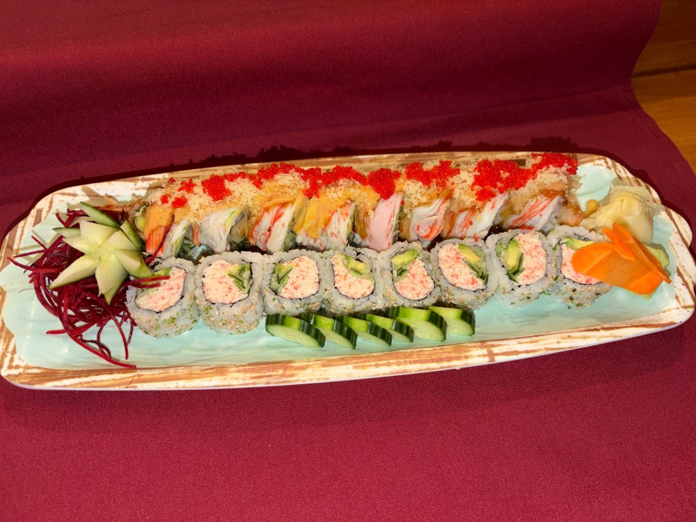 Two-tier sushi roll with crab meat, tobiko and crispy tempura bits