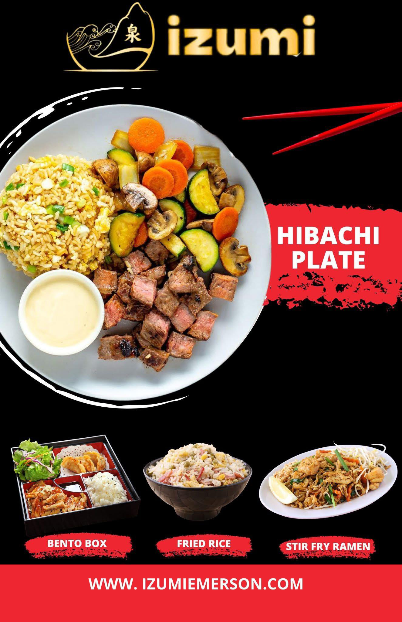 A promotional image for Izumi restaurant's menu. It showcases four main dishes: a Hibachi Plate, Bento Box, Fried Rice, and Stir Fry Ramen.