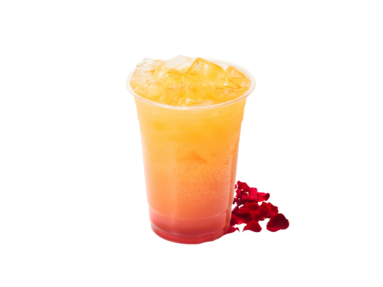 Gradient rose sparkling iced drink with rose petals beside cup at J-One Hibachi Sushi，a Japanese Restaurant in Dulu