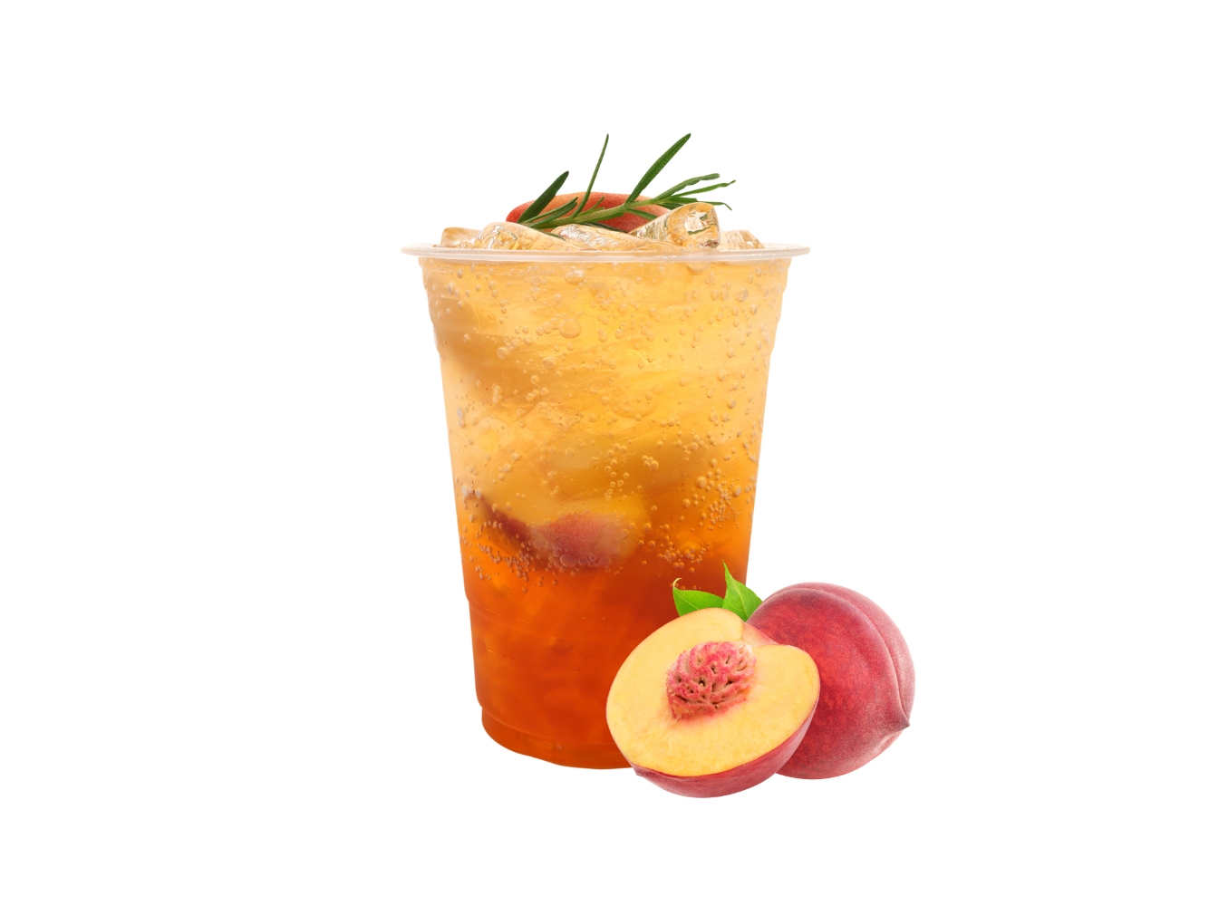 Sparkling peach iced tea with fresh peach fruits and rosemary garnish at J-One Hibachi Sushi，a Japanese Restaurant in Dulu