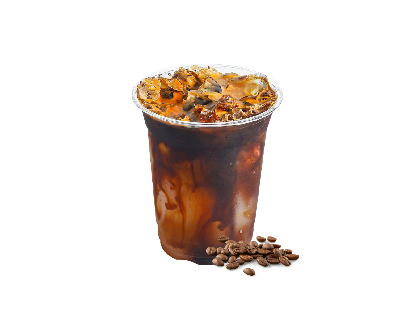 Iced dark Americano coffee with ice cubes and coffee beans at J-One Hibachi Sushi，a Japanese Restaurant in Dulu