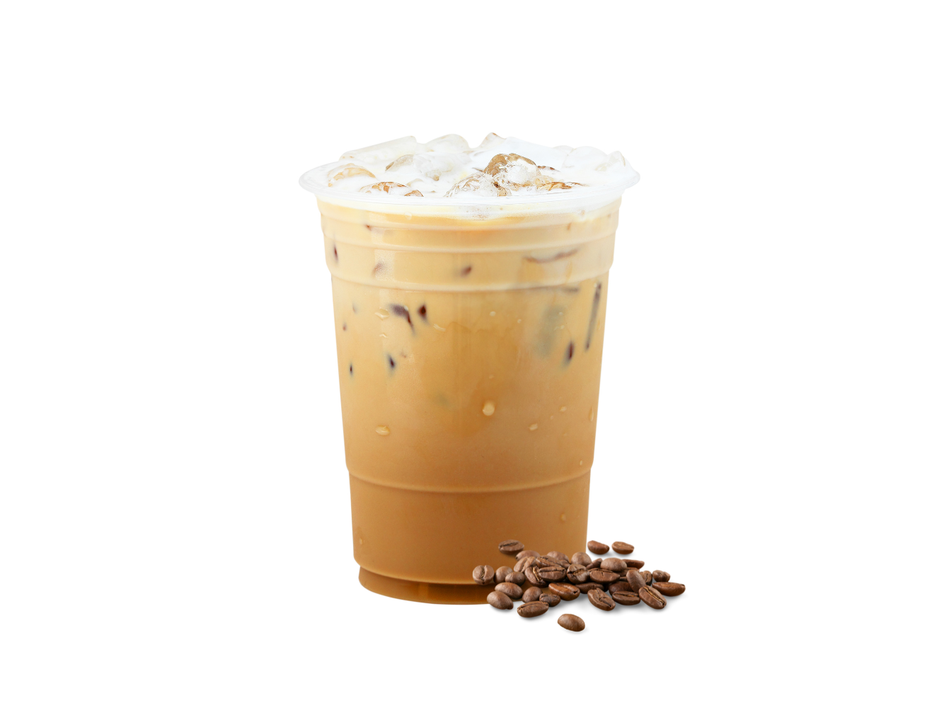 Creamy iced latte with coffee beans beside the cup at J-One Hibachi Sushi，a Japanese Restaurant in Dulu