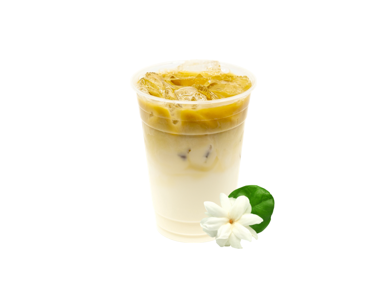 Jasmine layered iced milk tea with fresh jasmine flower decoration at J-One Hibachi Sushi，a Japanese Restaurant in Dulu