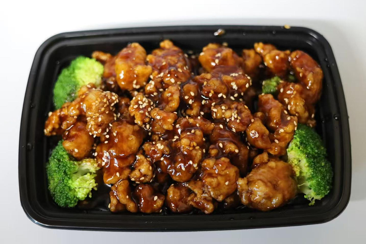 Garlic seasoned stir-fried shrimp and green broccoli florets at Jackie Chan's Chinese Restaurant in Philadelphia
