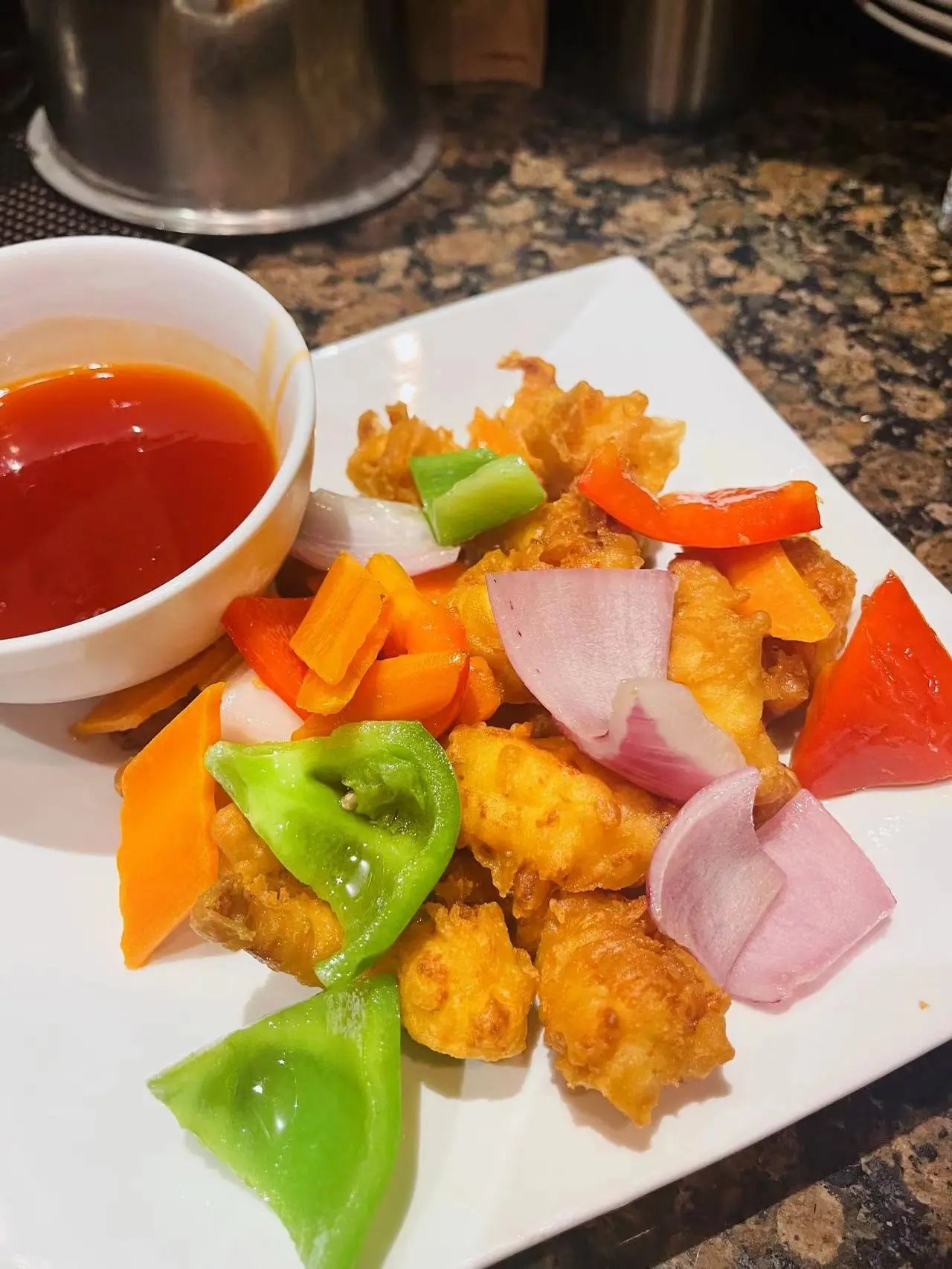 Crispy fried shrimp with veggies and sauce at Jade Ly Asian Bistro, a Asian Restaurant in Westminster