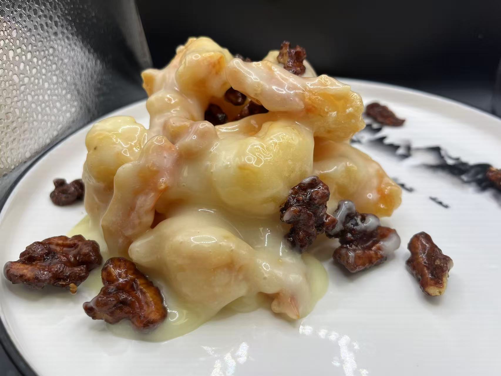 Creamy walnut shrimp coated in sweet milky sauce at JiangNan Philadelphia, a Chinese Restaurant in Philadelphi