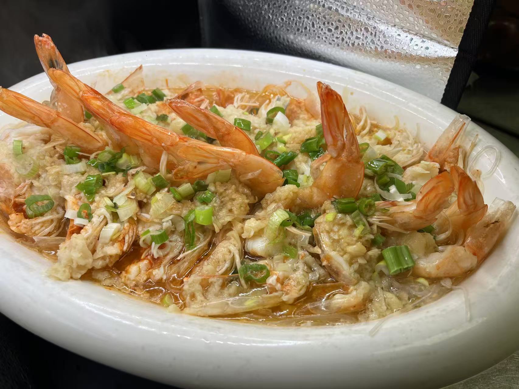 Steamed prawns on vermicelli with minced garlic and green onion at JiangNan Philadelphia, a Chinese Restaurant in Philadelphi
