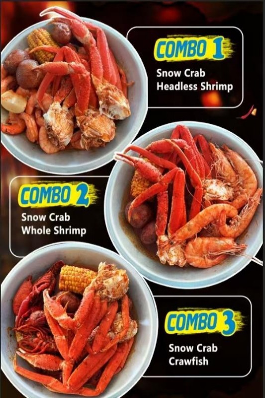 Seafood Boil Combo Menu Featuring Snow Crab, Shrimp, Crawfish and Seasonal Sides