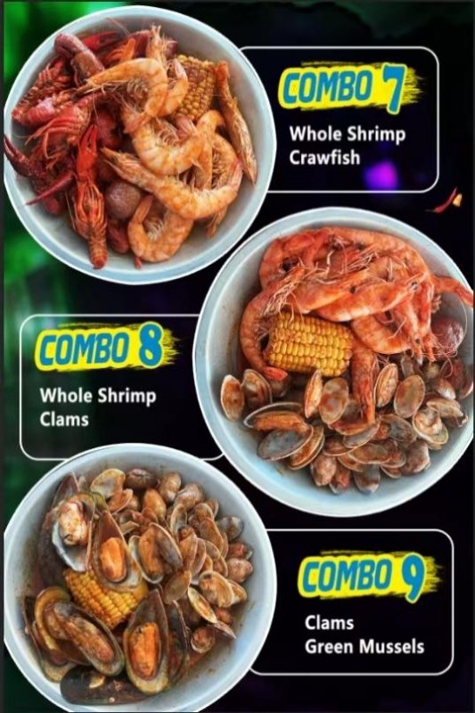 Seafood Boil Combo Platters Featuring Snow Crab, Shrimp, Crawfish, Mussels and Clams