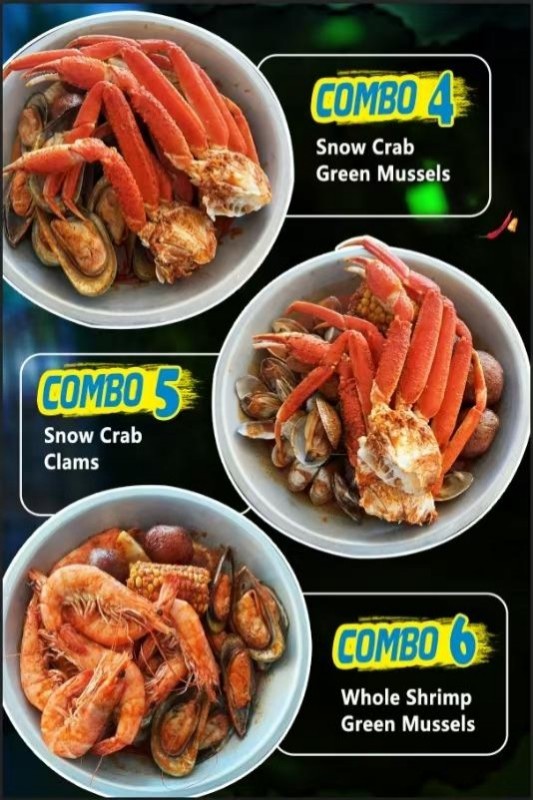 Seafood Boil Combo Selection with Snow Crab Legs, Shrimp, Mussels, Clams and Corn