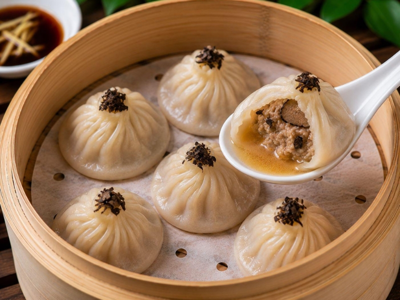 Black truffle pork soup dumplings with juicy broth at Jing Dumpling Dimsum House, a Chinese Restaurant in Fort Collins