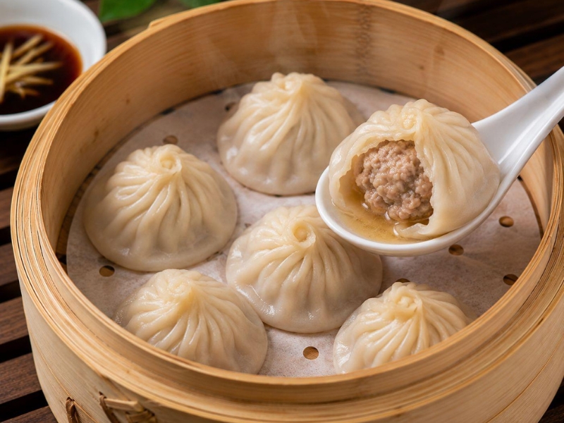 Classic juicy pork soup dumplings in bamboo steamer at Jing Dumpling Dimsum House, a Chinese Restaurant in Fort Collins