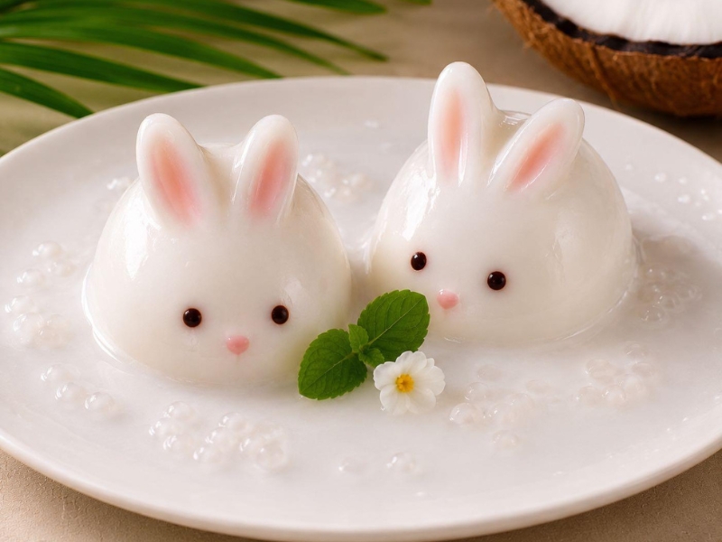 Cute bunny-shaped coconut milk pudding dessert at Jing Dumpling Dimsum House, a Chinese Restaurant in Fort Collins