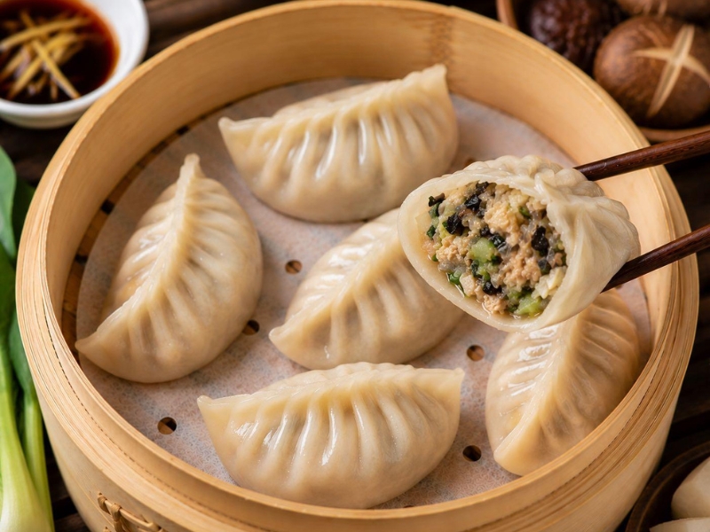 Steamed vegetable meat dumplings stuffed with mushroom greens at Jing Dumpling Dimsum House, a Chinese Restaurant in Fort Collins